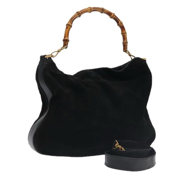 GUCCI Bamboo Hand Bag Suede Leather Black Gold 001 3444 001 3444 - Picture 1 of 16